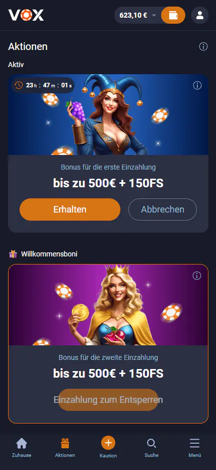 Zrzut ekranu aplikacji Vox Casino na urządzeniu mobilnym